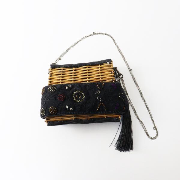 美品 エバゴス ebagos ブレスレットバッグ＼ブラック 刺繍 紅籐 レザー かごバッグ ミニ ショルダーバッグ バスケット【2400014738810】 期間限定価格】美品 エバゴス ebagos ブレスレットバッグ＼ブラック