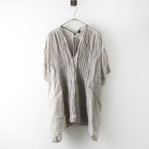 パドカレ pas de calais リネンストライプピンタックブラウス 36