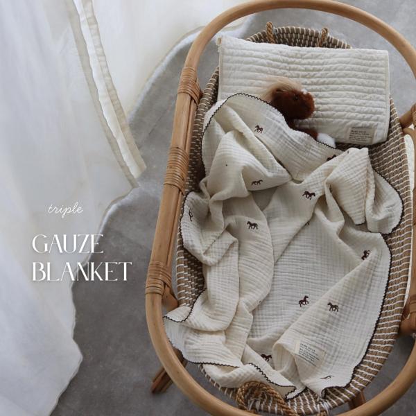 【予約販売 7/19, 20時〜7/26】【1点までネコポス可】new triple gauze  blanket　馬柄刺繍　Sサイズ（約70×85cm）3重ガーゼ　トリプル　本場韓国オリジナル