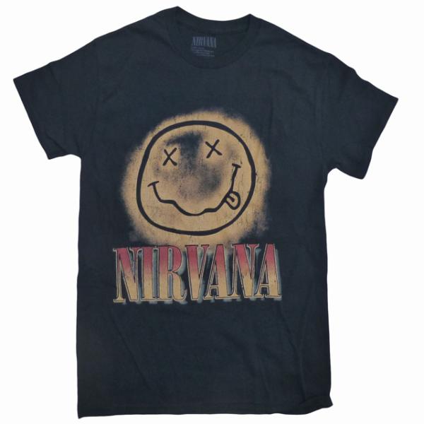 海外正規オフィシャル Nirvana Big Gradient Smile Face Tee ニルヴァーナ ヴィンテージ加工 Tシャツ 半袖 カットソー ニルバーナ 黒 Black【ゆうパケット対応】