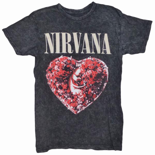 海外正規オフィシャル Nirvana Heart Shaped Acid Tee ニルヴァーナ アシッド加工 イン・ユ―テロ 先行シングル Tシャツ 半袖 名作 黒【ゆうパケット対応】
