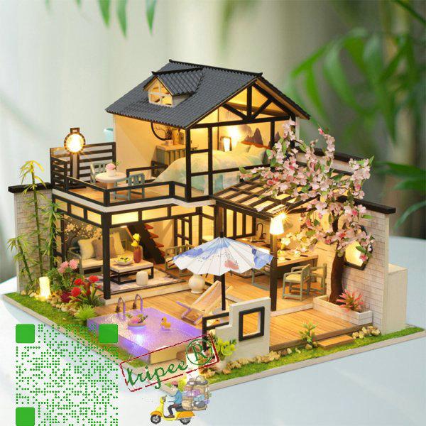 家具付きDIYドールハウスミニチュアキットLEDライト付き3D木製ミニチュアヴィラ、ミニチュアドールハウスキット