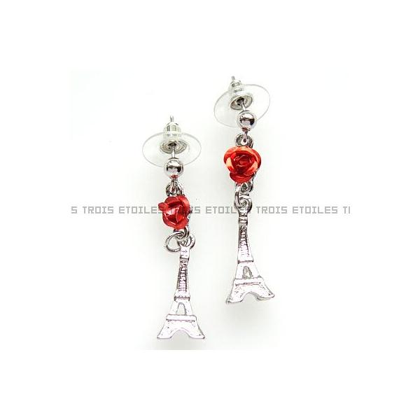 フランス革命100周年を記念する万国博覧会のモニュメントとして建設された、パリの象徴「エッフェル塔」とキュートなバラのピアス。金属アレルギー体質の方は、ご使用をお避けください。