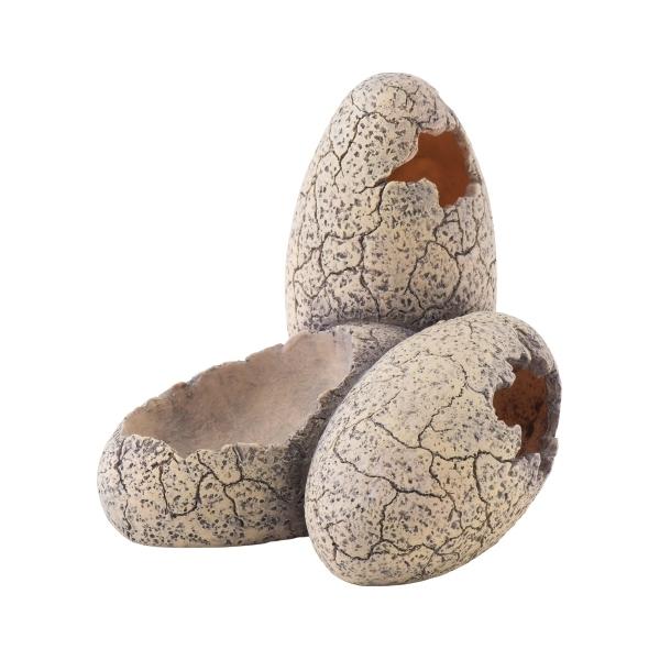 テラリウムのアクセントになる、爬虫類・両生類用アクセサリーです。ストレスや暑さから身を守ったり、バスキングスポットにも。リアルな恐竜の卵の化石をモチーフとした隠れ家です。入り口が多く、生体が出入りしやすい構造なので、シェルターとしても最適です。