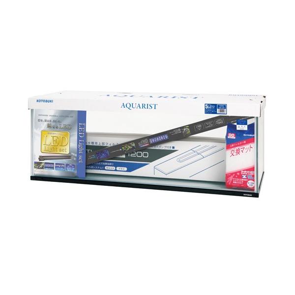 120cmガラス水槽と上部フィルター、LEDライト、上部フィルター用マット、専用ガラスフタのメーカー純正5点セットに、保温器具、ろ材などを追加したお買い得10点セットです。