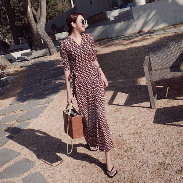 独特な マキシワンピース きれいめ 春夏 40代 レディース ワンピース 五分袖 オシャレ 大人 お出かけ ロング結婚式ドレス Aラインスカート 幾何学模様 Vネック ワンピース サイズ M Www We Job Com