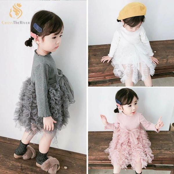 リングガールドレス チュールドレス ベビードレス ニットワンピース 女の子 子供ドレス 長袖 ワンピース 春 秋 冬 ピアノ発表会 新生児 1歳 2歳 3歳 演奏会 赤ち