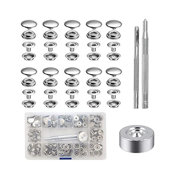 パッケージ内容：ホック10組（各セットには4つのパーツ：フロント、メス、オス、バック）レザークラフト工具*3+収納ボックス。　材質：ステンレス鋼　カラー：シルバー サイズ：参考画像高品質のステンレス鋼でできており、丈夫で耐久性があり、腐食や...