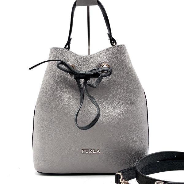 【美品】FURLA コスタンザ　レザー　巾着　ショルダーバッグ　2way グレー 未使用に近い フルラ FURLA コスタンザ 2way ショルダーバッグ