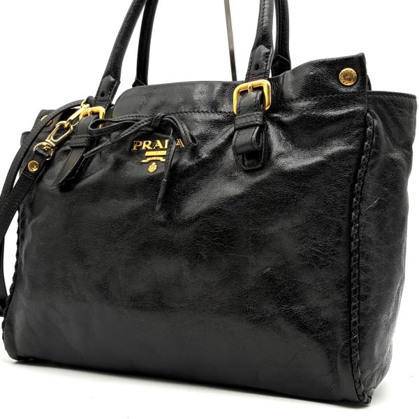【極美品】プラダ ハンドバッグ 2way ロゴジャガード リボン レザー 黒 PRADA（プラダ） ロゴジャガード リボン 2WAY ミニトート ショルダー