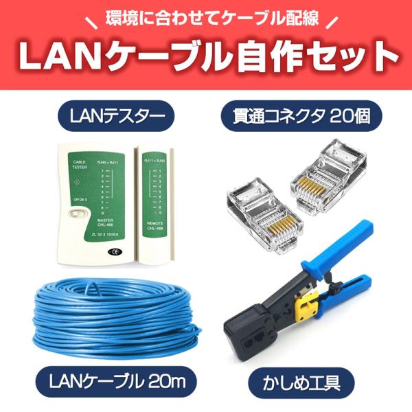 LANケーブル自作セット 貫通コネクタ20個+かしめ工具+LANテスター+CAT6ALANケーブル20m RJ45 8P6P 貫通型 簡単 圧着 プラグ DIY ネットワーク 配線