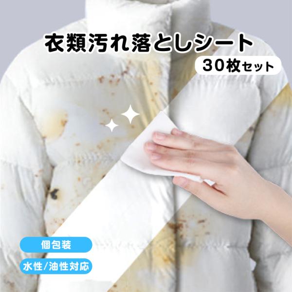 衣類用 汚れ落とし ウェットシート 30枚入 個包装 携帯用 使い捨て シミ抜き 水性/油汚れ 繊維を傷めない 水不要 外出 応急処置 旅行 コンパクト 持ち運び 便利