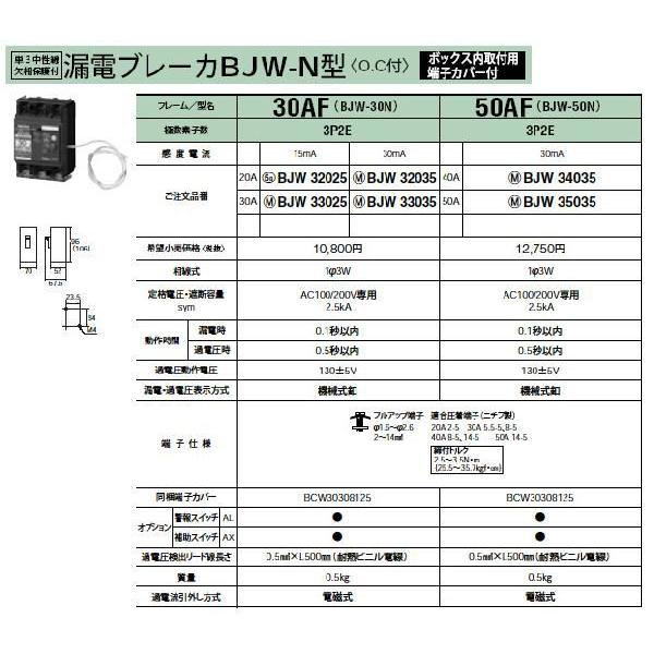 Panasonic 電設資材 ブレーカ 漏電ブレーカBJW-N型 OC付 単相3線専用