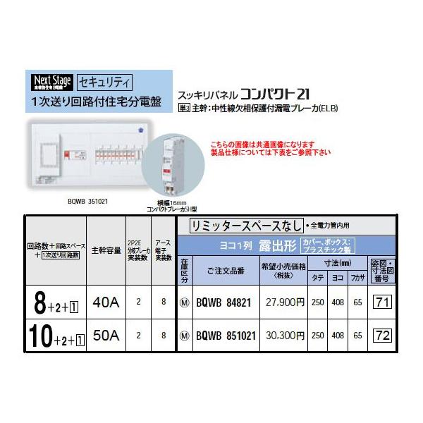 BQWB851021 Panasonic �Z��d�� ���񂵂�@�\�t ���~�b�^�[�X�y�[�X�Ȃ� 1������(100V)��H�t/���R1�� �h�A�Ȃ� �I�o�` ��H���F10+2+1 �劲�e�ʁF50A