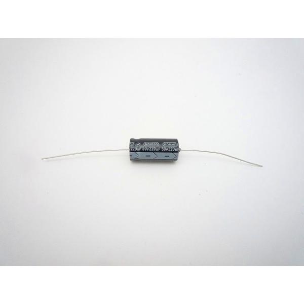 横型電解コンデンサ小型アルミニウム電解コンデンササイズ　Φ10mm x 21mm使用温度範囲　-25 〜 +105℃定格電圧　50V静電容量　220μF静電容量許容差　±20％（20℃，120Hz)特長 FEATURE・民生機器用標準品・1...