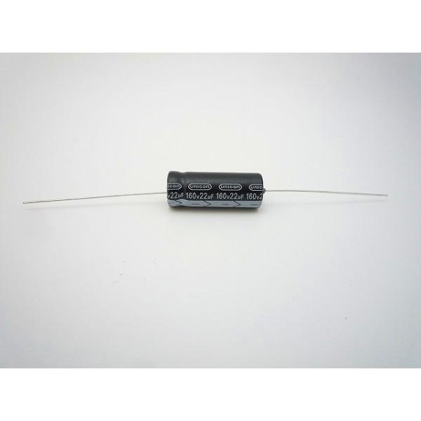 横型電解コンデンサ小型アルミニウム電解コンデンササイズ　Φ10mm x 26mm使用温度範囲　-25 〜 +105℃定格電圧　160V静電容量　22μF静電容量許容差　±20％（20℃，120Hz)特長 FEATURE・民生機器用標準品・1...