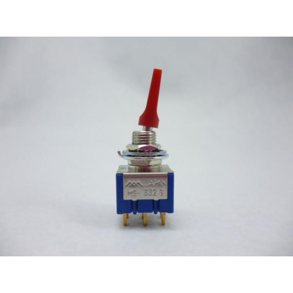 【ミヤマ　トグルスイッチ　MS-332G　赤】廃止品につき在庫限り電流容量：６Ａ　１２５ＶＡＣ２極双投のトグルスイッチです。スイッチの動作は　ON-(ON)　と、中立なしの片側跳ね返りになっています。
