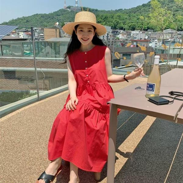 赤いワンピースレディースノースリーブノースリーブラインヴィンテージ女性
