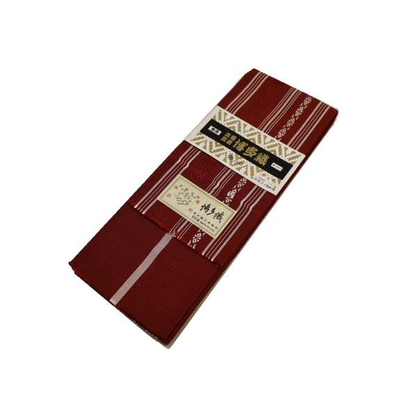 SO-690 京袋帯 全通 正絹 博多織 献上柄 逸品 カジュアル 正絹博多織角帯「エンジ色の地にグレー色の博多献上模様