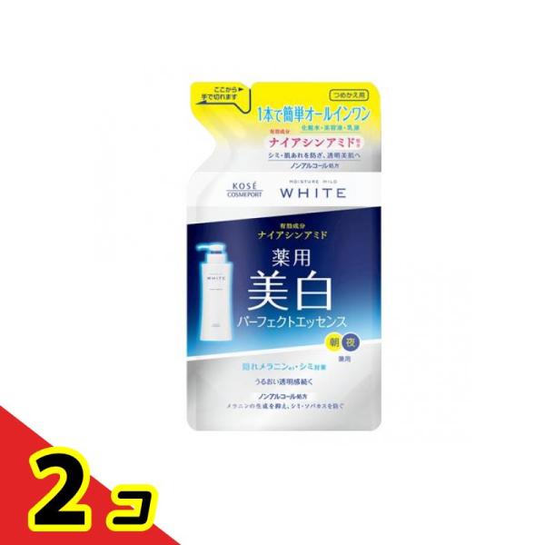 ●モイスチュアマイルド ホワイトパーフェクトエッセンスは、化粧水・美容液・乳液1品3役の薬用美白エッセンスローション。●さらりとのび広がり、みずみずしくやさしい使い心地。●メラニンの生成を抑え、シミ・ソバカスを防ぎます。●高保湿成分のローヤ...
