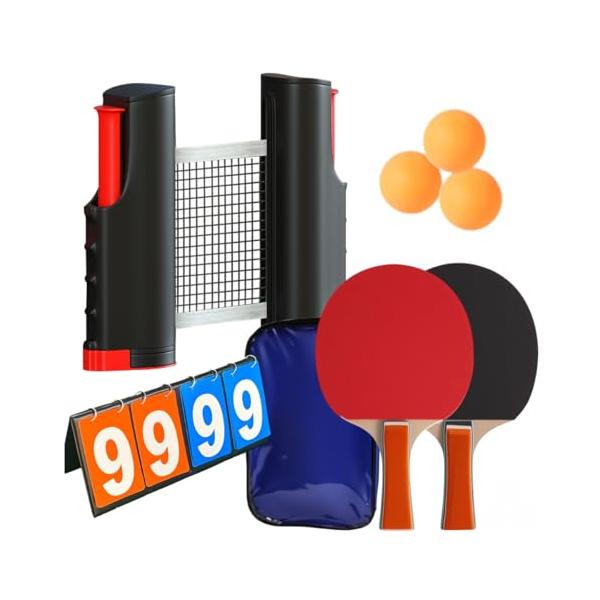 「商品情報」「主な仕様」【どこでも卓球大会！充実フルセットで家族も仲間も大盛り上がり】プロ仕様の卓球ラケット2本、伸縮式ネット1組、卓球ボール3個、スコアボード、収納ケースが揃ったオールインワンセットです。テーブルさえあれば自宅・オフィス・...