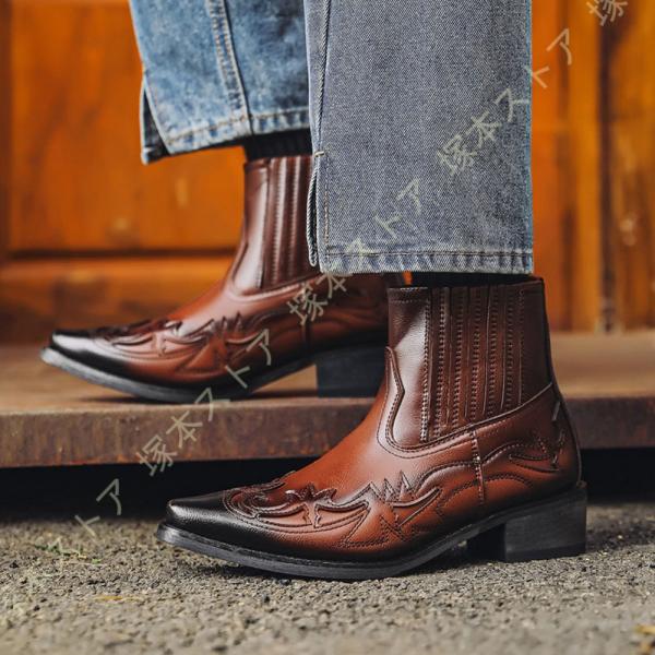 ウエスタンブーツ メンズ レディースブーツ 太ヒール ウエスタン