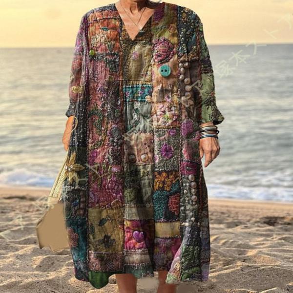 Vネック 綿麻ワンピース レディース 長袖 ロング カシュクール エスニック柄 大きいサイズ 春 夏の服 日常 お呼ばれ 大人優雅 30代 40代 夏祭り Aライン
