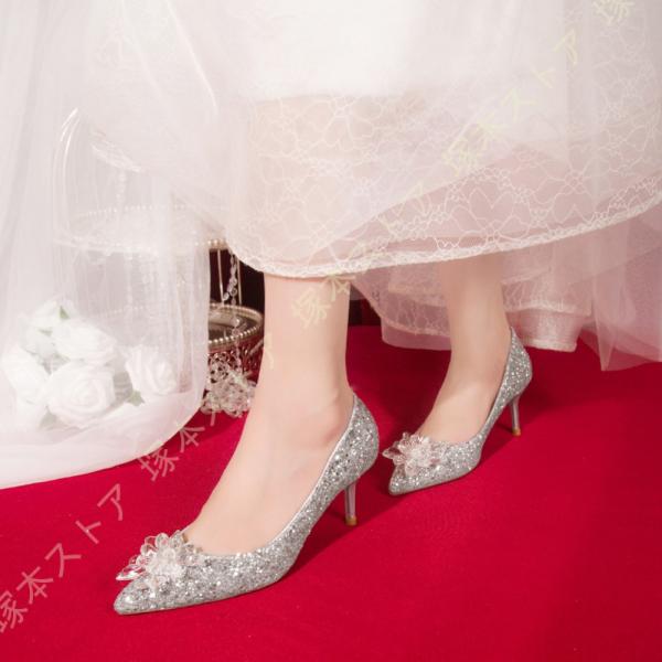 パンプス キラキラ パーティー レディース ハイヒール ウエディングシューズ 成人式 結婚式 大きいサイズ ヒール6/8CM グリッター ブライダルシューズ プ