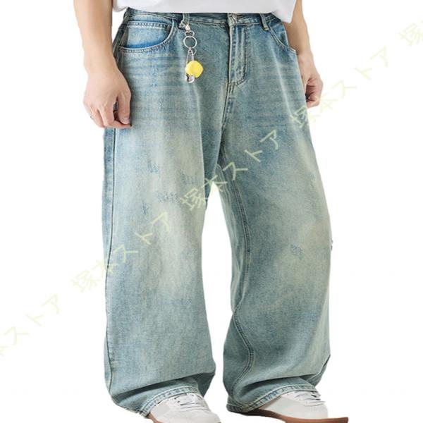 バギーデニム メンズ ジーンズ ストレート ウォッシュ加工 デニム