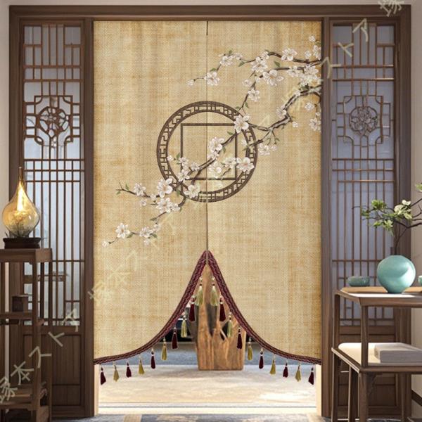 のれん 中華風 タッセル付き 布 花模様 茶室 リビング 玄関