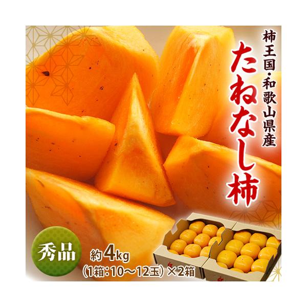 たねなし柿 和歌山産 秀品 計2箱 約4kg（1箱：10〜12玉） 産地箱 ※常温 JA紀の里 送料無料