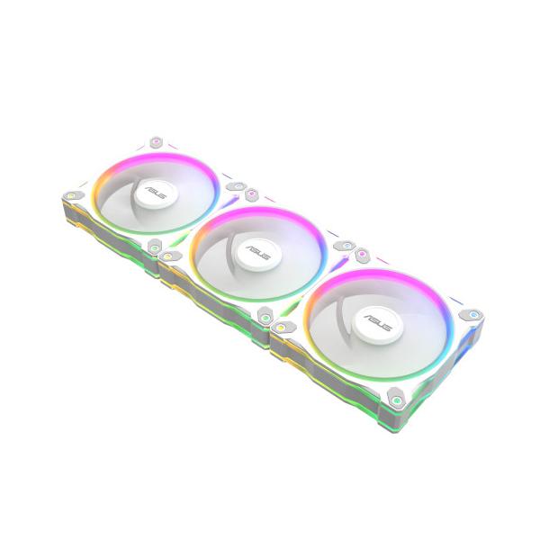ASUS エイスース 28mm厚 1600rpm リバース 120mm角ファン　3個入り ▼サイズ：12cm ▼（最大）ファン回転数：1600rpm ▼LED：ARGB ▼フレームカラー：ホワイト