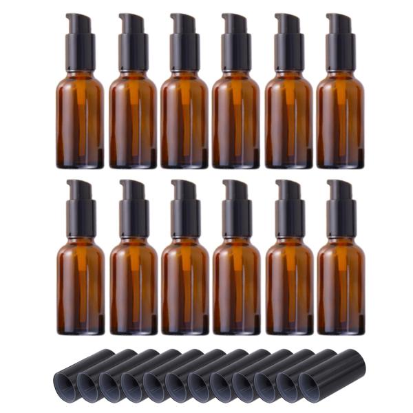 ポンプボトル 遮光瓶 プッシュボトル 詰め替えボトル 瓶 容器 オイル 乳液 (30ml, 12本セット)