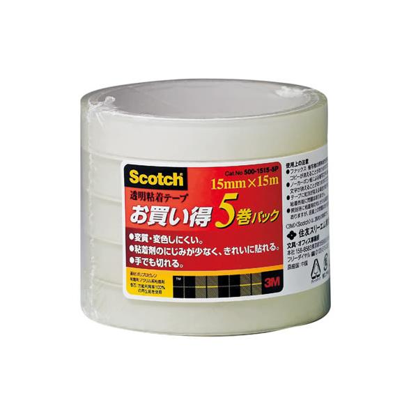 スリーエム ジャパン 3M スコッチ 透明粘着テープ (15mm×15m×5巻) 防災 備蓄