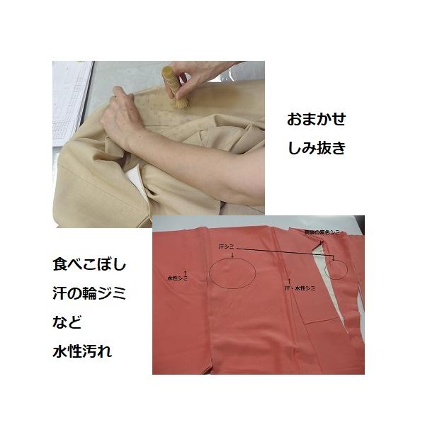 通常クリーニングで残るシミをお任せで追加しみ抜きをします。※着物クリーニングをご依頼時の追加オプションですので、単独での注文はできません。新しいシミで500円玉くらいの大きさのシミが７か所以内を料金内でシミ抜きをします。シミの条件は別メニュ...