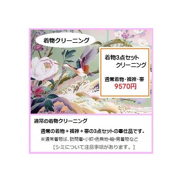 リピートのお客様が多いつるやです。料金内で衿など下洗いとシミ抜きをしてから丸洗いをしますので、安心で綺麗な仕上がりです。通常着物・襦袢・帯の3点で9570円※着物と襦袢2枚(着物と帯2)もセットになります。訪問着・色無地・小紋・紬・襦袢・帯...
