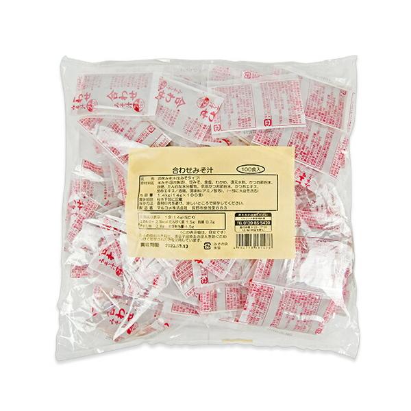 合わせみそ汁 100食入米みそに豆みそを程よくブレンドし、かつおだしで調味加工した即席生みそ汁。コクのある合わせみそにわかめの風味が食欲をそそります。