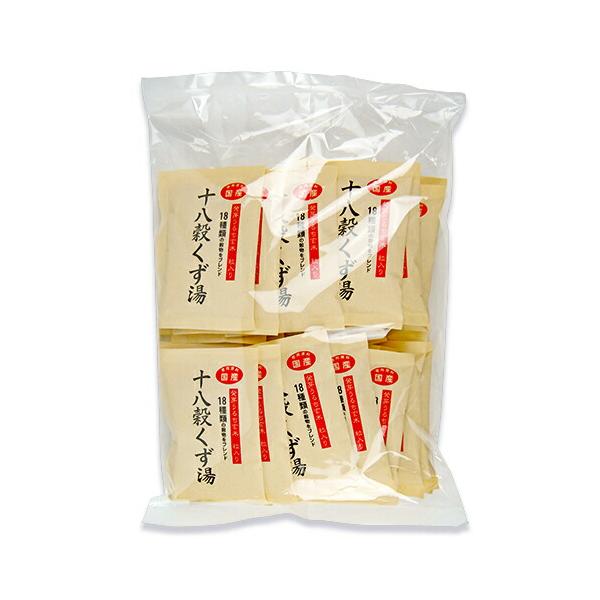 十八種類の穀物と、吉野本葛をブレンドしたくず湯です。丹念に焙煎した穀物ならではの香ばしい風味と、形状を残した発芽うるち玄米の食感をお楽しみいただけます。 また、原材料はすべて国産です。