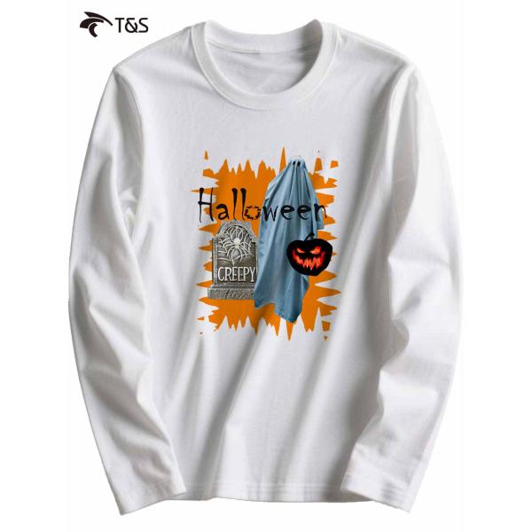 Ｔ＆S　ハロウィン クリーピー ゴースト プリント 長袖Tシャツ コットン100% ユニセックス　C00043
