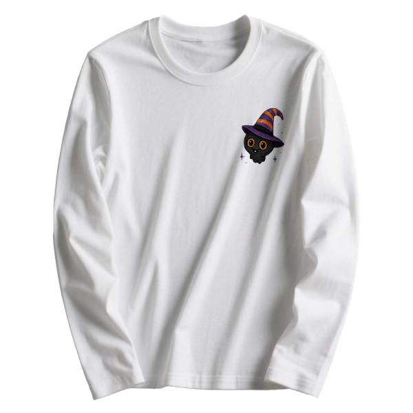 ハロウィン 黒猫プリント 長袖Tシャツ コットン100% ユニセックス カットソー L00032