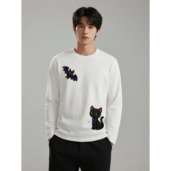 ハロウィン 黒猫プリント コットン長袖Tシャツ ユニセックス ホワイト L00033