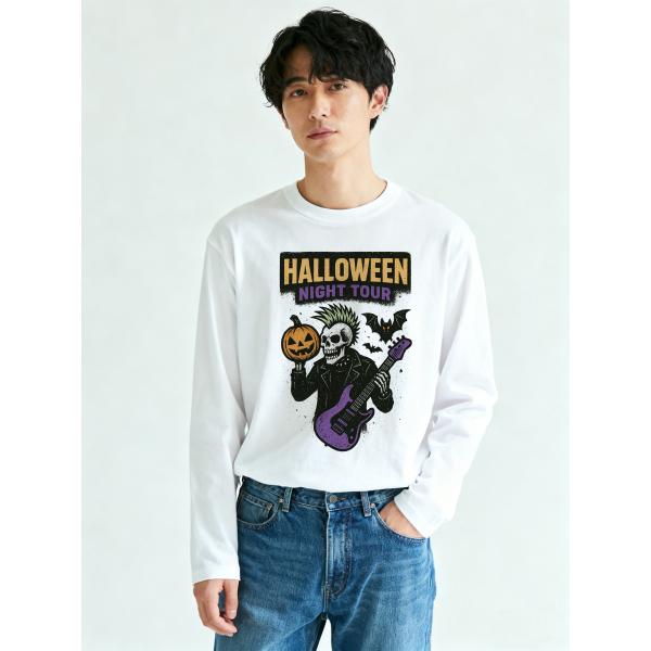 ハロウィンナイトツアー プリント 長袖Tシャツ コットン100% パンク スケルトンデザイン L00036
