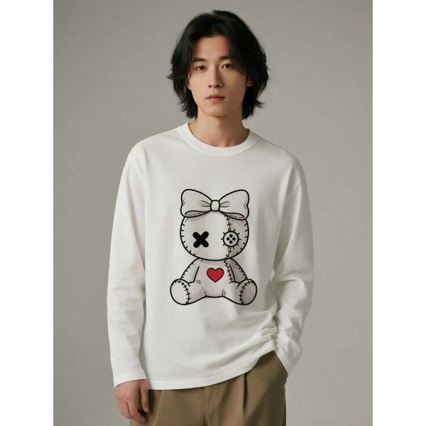 クマのぬいぐるみプリント 長袖Tシャツ コットン100% ユニセックス カジュアルトップス L00057