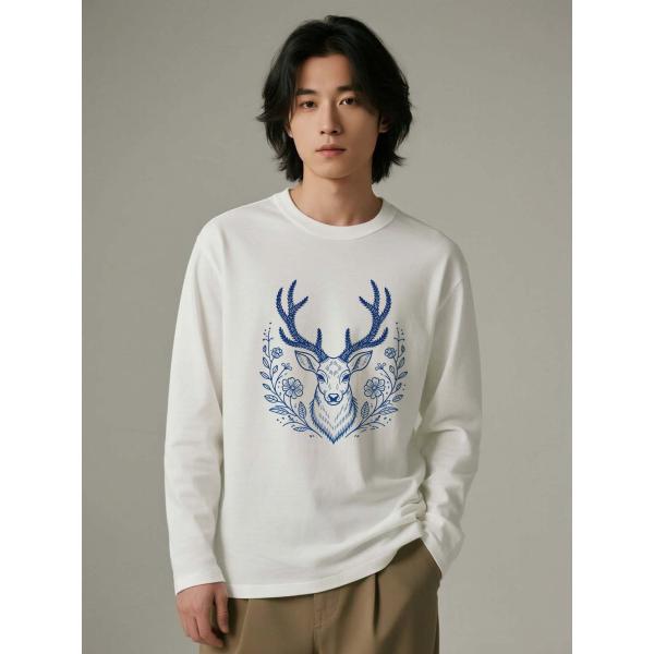 鹿とフラワーデザイン 長袖Tシャツ コットン100％ ユニセックス L00058