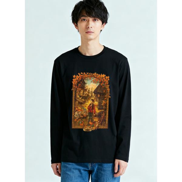 アンティーク調 秋の風景画プリント 長袖Tシャツ コットン100% ユニセックス L00064