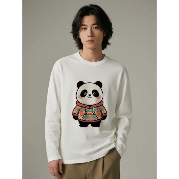 パンダプリント長袖Tシャツ コットン100% ユニセックス カットソー ホワイト L00065
