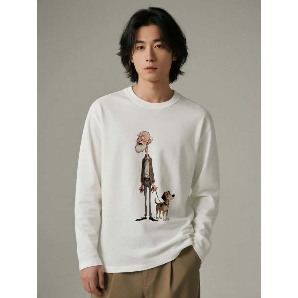 カジュアル コットン長袖Tシャツ ユニセックス イラストプリント ホワイト L00067