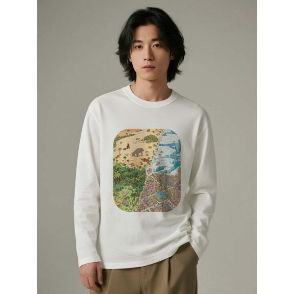 イラストプリント入り 長袖Tシャツ コットン100％ ユニセックス ホワイト L00069