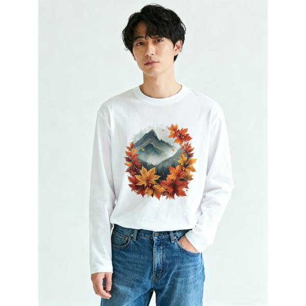 秋の風景プリント 長袖Tシャツ コットン100% ユニセックス 山と紅葉デザイン ホワイト L00071