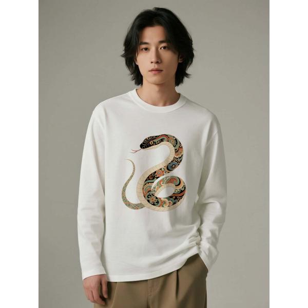 スネーク柄 長袖Tシャツ コットン100%　 ユニセックス ホワイト L00072